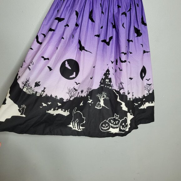Purple Rockabilly Goth Punk Halloween Dress Bats Haunted House Print Sheer Mesh - Picture 5 of 11